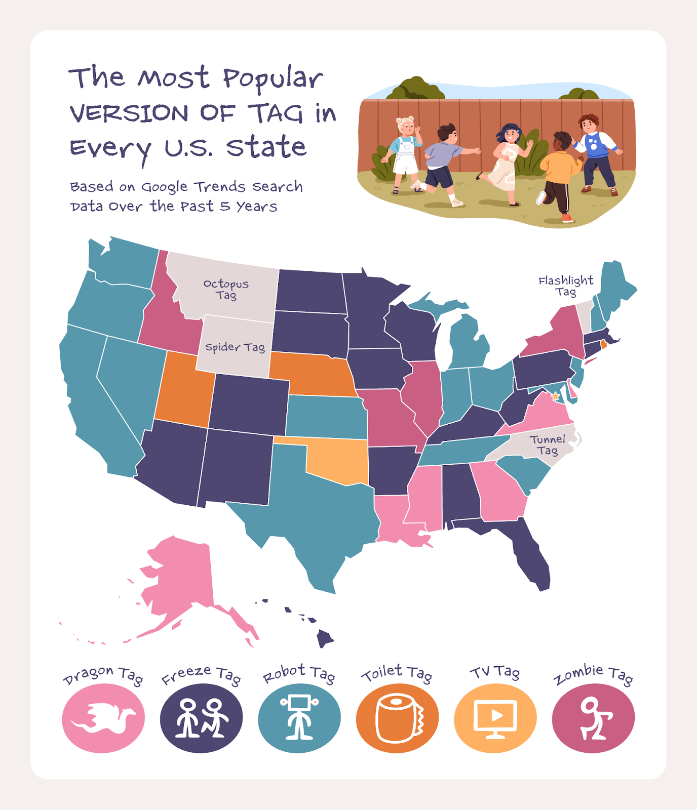 A U.S. map showing the most popular version of tag in every state