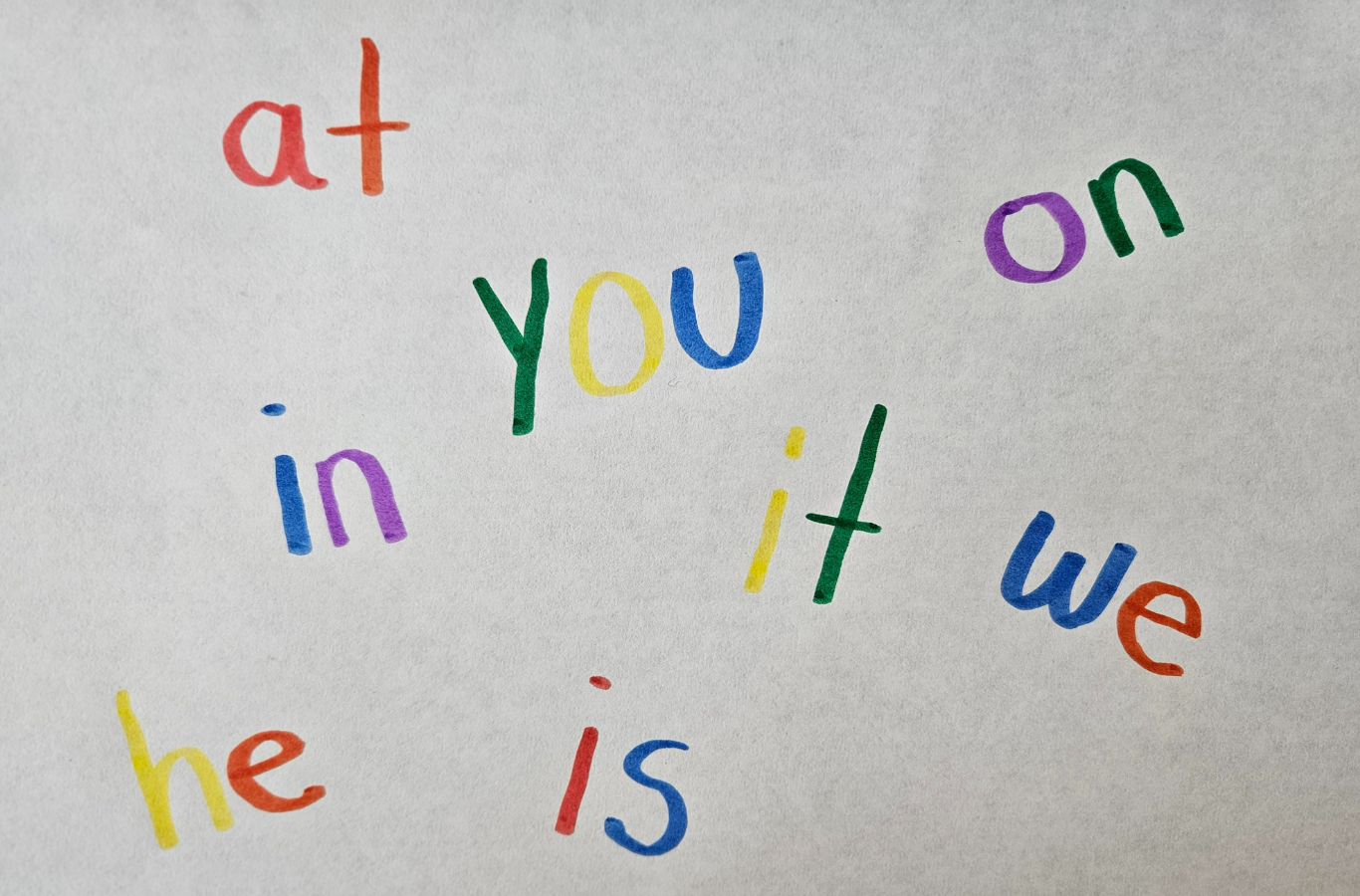 Rainbow words on a white sheet of paper. 