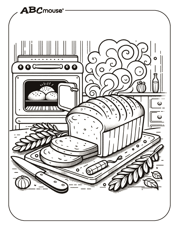 Free printable coloring page of Thanksgiving steaming hot bread.  