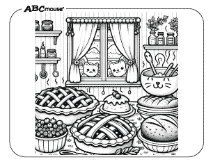 Coloring page of cats looking through a window at a thanksgiving feast. 
