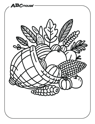 Free thanksgiving printable coloring page of a cornucopia. 
