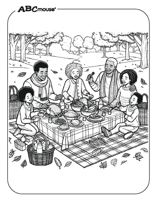 Free printable coloring page of a family having a Thanksgiving feast in the park. 
