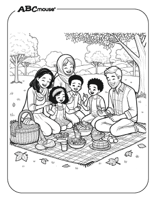 Free printable coloring page of a family having a Thanksgiving dinner in the park. 