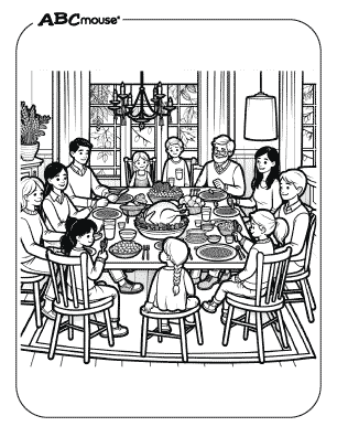 Free printable coloring page of a family having a Thanksgiving feast in their home. 