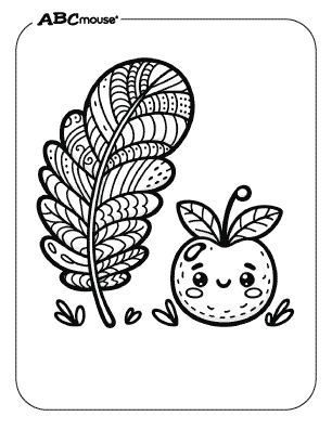 Free printable coloring page of Thanksgiving feather and and apple.  