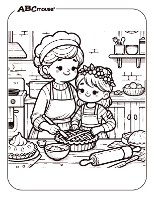 Free printable coloring page of a grandmother and granddaughter baking a pie. 