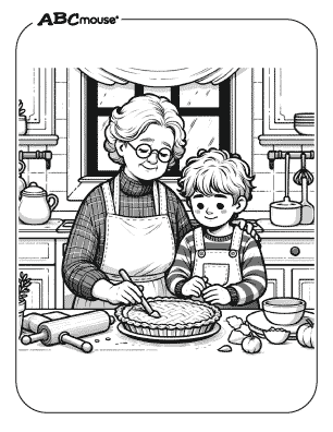 Free printable coloring page of Thanksgiving grandmother baking a pie with her grandson. 