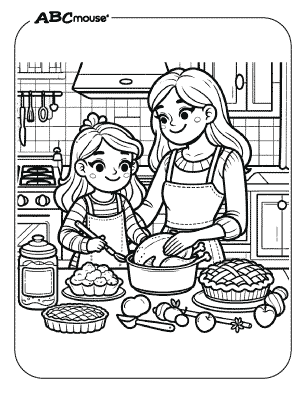 Free printable coloring page of a mother and daughter making a Thanksgiving meal. 