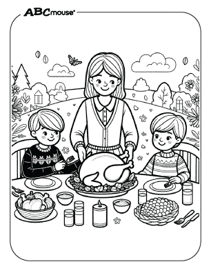 Free printable coloring page of a mother and kids having thanksgiving.  