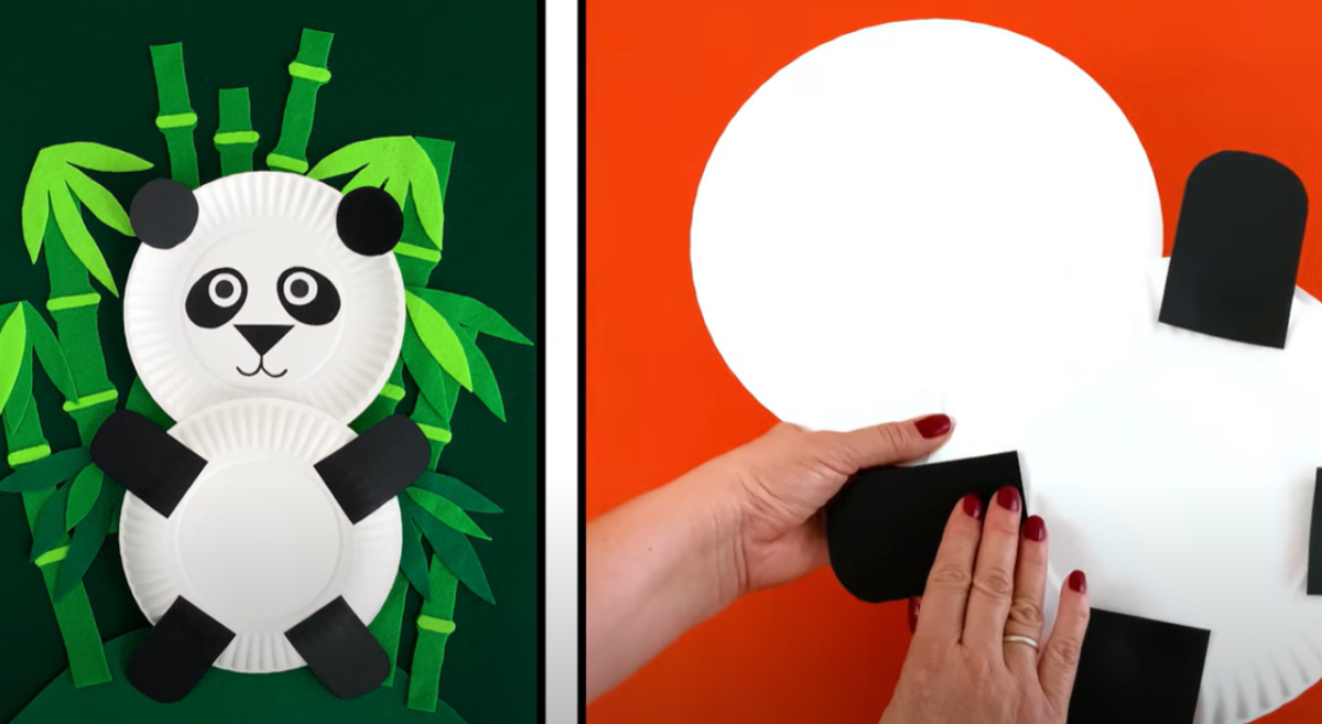 Gluing on the arms and legs of the paper plate panda. 