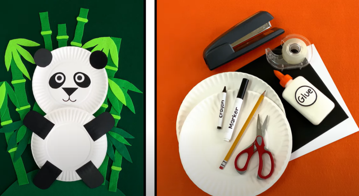 Supplies needed for a paper plate panda craft. Glue, marker, paper plates, stapler, tape, scissors, black and white paper, pencil. 