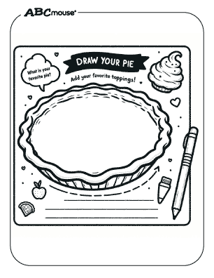 Free printable activity page for drawing toppings on a thanksgiving pie. 