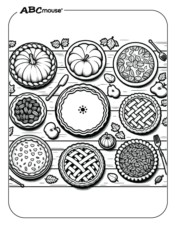 Free coloring page table full of Thanksgiving Pies