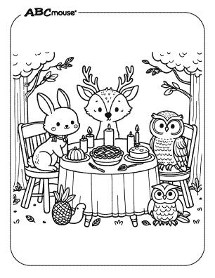 Free coloring page of woodland animals sitting at a Thanksgiving table. 