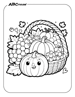 Free printable coloring page of Thanksgiving harvest basket. 