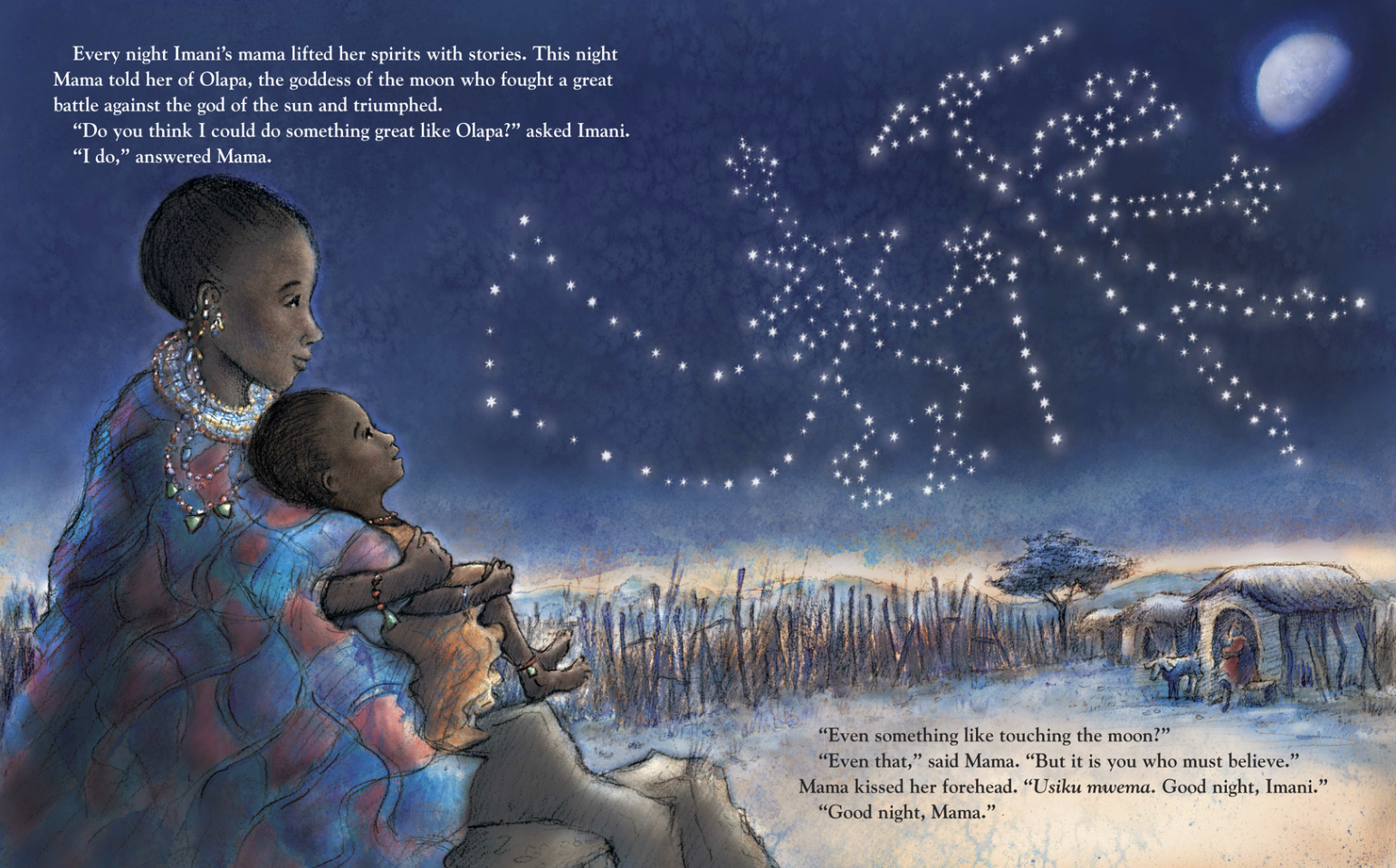 A page from the book 'Imani's Moon' found in the ABCmouse online reading library. 