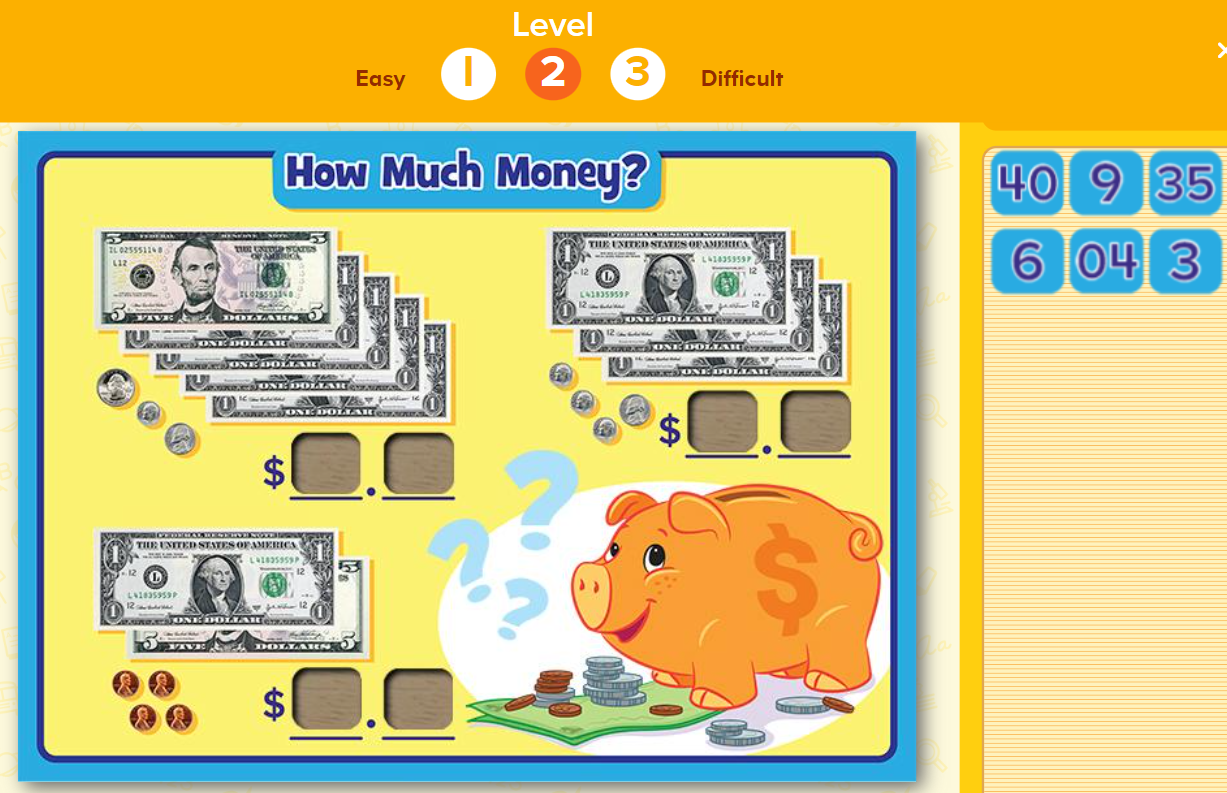 Learning to count money puzzle from ABCmouse.com. 