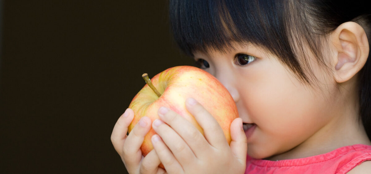 Young girl smelling an apple. 