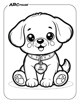 Free printable coloring page of a Valentines day puppy dog. 