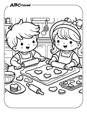 Free printable coloring page of a kids making Valentines day cookies.  