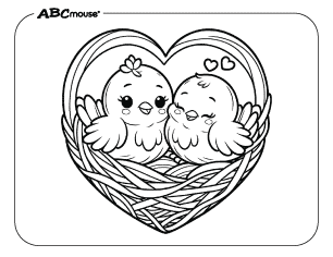 Free printable coloring page of Valentine love birds in a heart nest. 