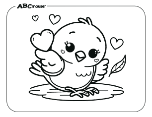 Free printable coloring page of a Valentines bird with hearts. 