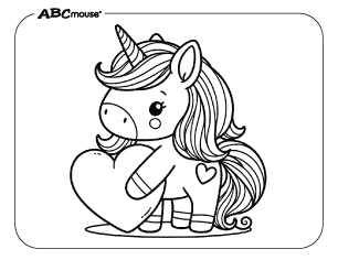 Free printable coloring page of a Valentines unicorn holding a heart. 