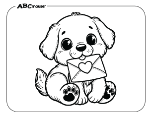 Free printable coloring page of a puppy holding a Valentine.