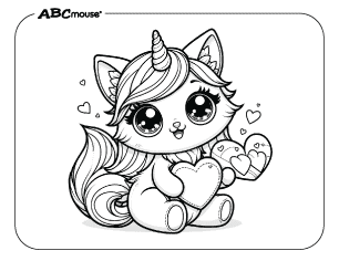 Free printable coloring page of a Valentines cat unicorn holding a heart. 
