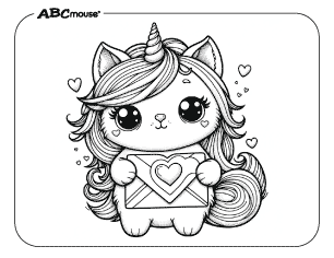 Free printable coloring page of a cat unicorn holding a valentines envelope. 