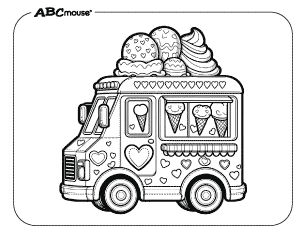 Free printable coloring page of a Valentines day ice cream truck.