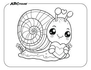 Free printable coloring page of a Valentines snail holding a heart. 