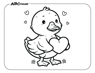 Free printable coloring page of a Valentines duck holding a heart. 