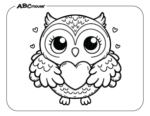 Free printable coloring page of a Valentines owl holding a heart. 