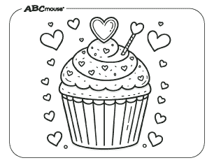 Free printable coloring page of a Valentines Day cupcake. 