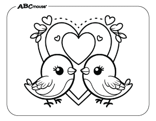 Free printable coloring page of a Valentines love birds inside a heart. 