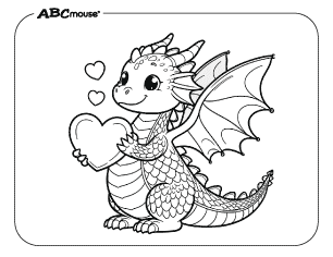Free printable coloring page of a Valentines dragon holding a heart. 