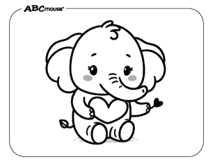 Free printable coloring page of a Valentines elephant holding a heart. 