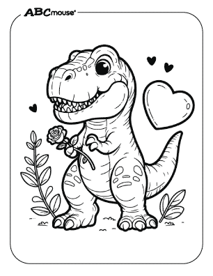 Free printable coloring page of a Valentines t-rex holding a rose. 