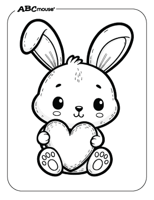 Free printable coloring page of a Valentines bunny holding a heart. 