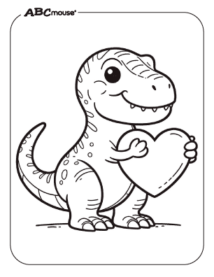 Free printable coloring page of a Valentines t-rex dinosaur holding a heart. 