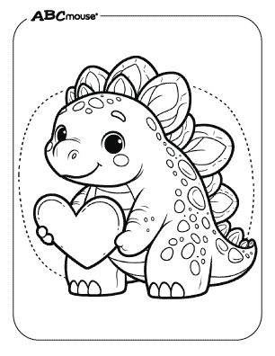 Free printable coloring page of a Valentines of a stegosaurus holding a heart. 