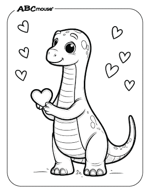 Free printable coloring page of a Valentines brachiosaurus holding a heart. 