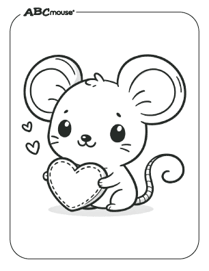 Free printable coloring page of a Valentines mouse holding a heart. 