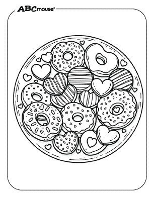 Free printable coloring page of a Valentines day cookies and donuts. 