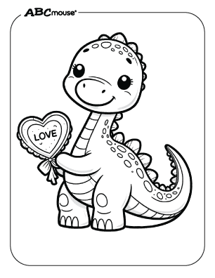 Free printable coloring page of a Valentines dinosaur holding a heart that says love. 