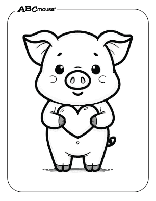 Free printable coloring page of a Valentines pig holding a heart. 