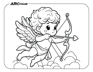 Free printable coloring page of a cupid with a bow and arrow for Valentines Day.  