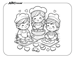 Free printable coloring page of a kids making Valentines day cookies.  