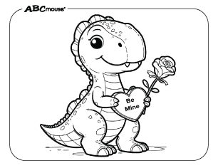 Free printable coloring page of a Valentines t rex dinosaur holding a heart that says be mine. 
